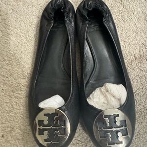 Tory Burch Black Flats with Silver Logo